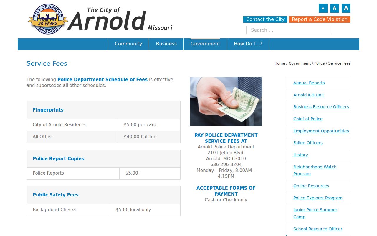 Arnold criminal history police report and fingerprint fee schedule
