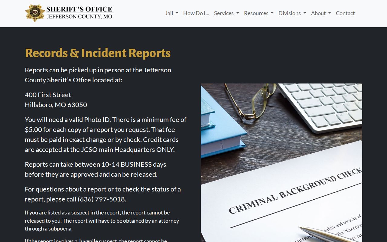 Jefferson County arrest history sheriff report copy instructions