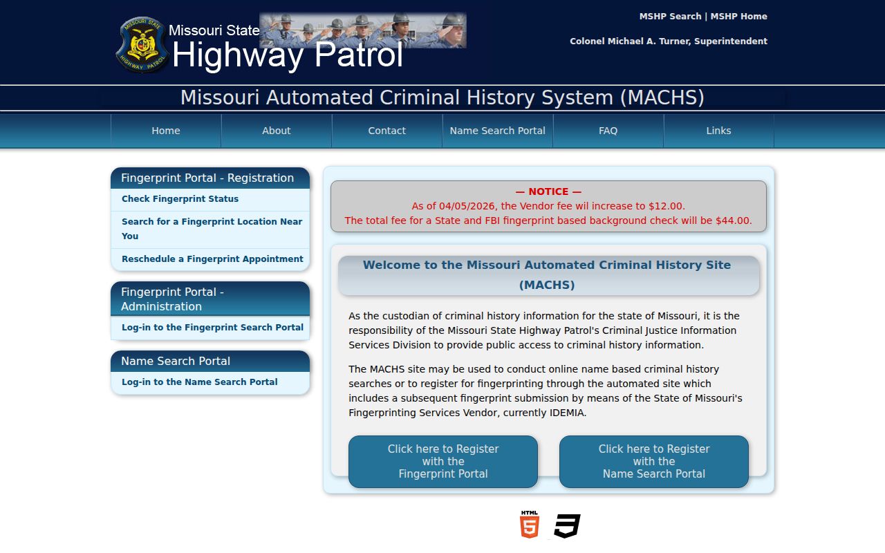 Jefferson County criminal history users accessing the Missouri MACHS fingerprint portal